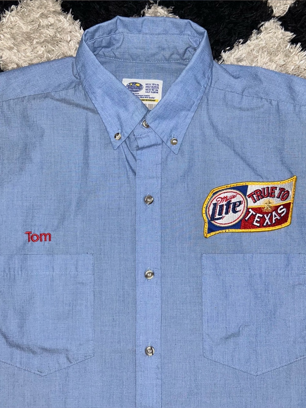 Vintage Miller Lite Beer Texas Work Shirt Tom Embroidered Riverside USA Blue